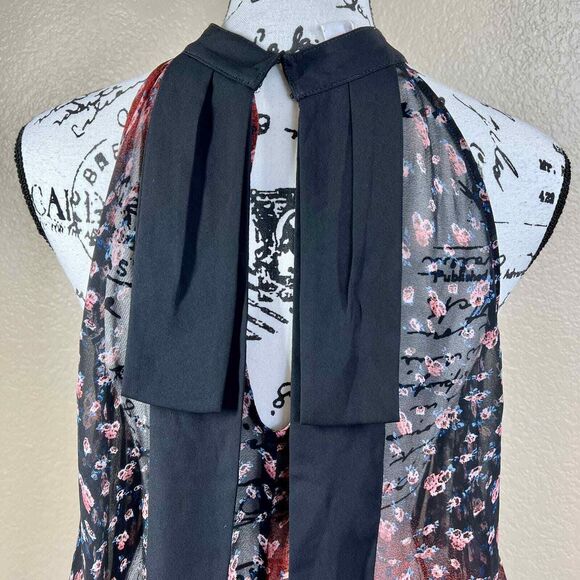 BCBGeneration Black top Pink Sheer Floral Garland Neck Tunic Tank Blouse size S - Picture 13 of 14